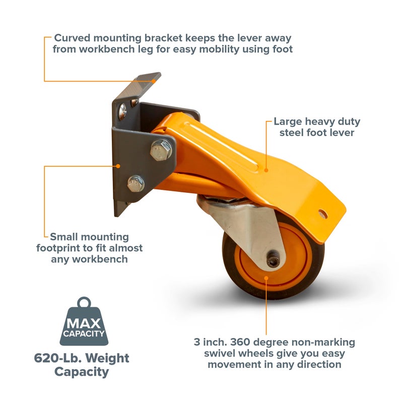 Bora Heavy Duty Workbench 4-Caster Set for Workshop Mobility, Swivel, Locking 155 Pound Non-Marking Rubber 3-inch Wheels, Total Weight Capacity of 620 pounds, Metal Foot Levers for Braking, PM-950 - Image 2